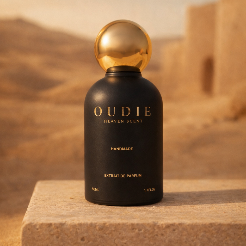 Oudie Heaven Scent perfume bottle with gold cap on a desert background