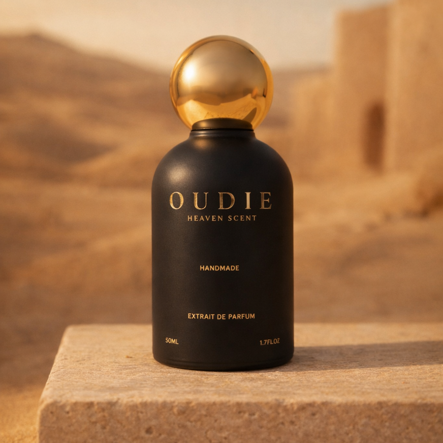 Oudie Heaven Scent perfume bottle with gold cap on a desert background