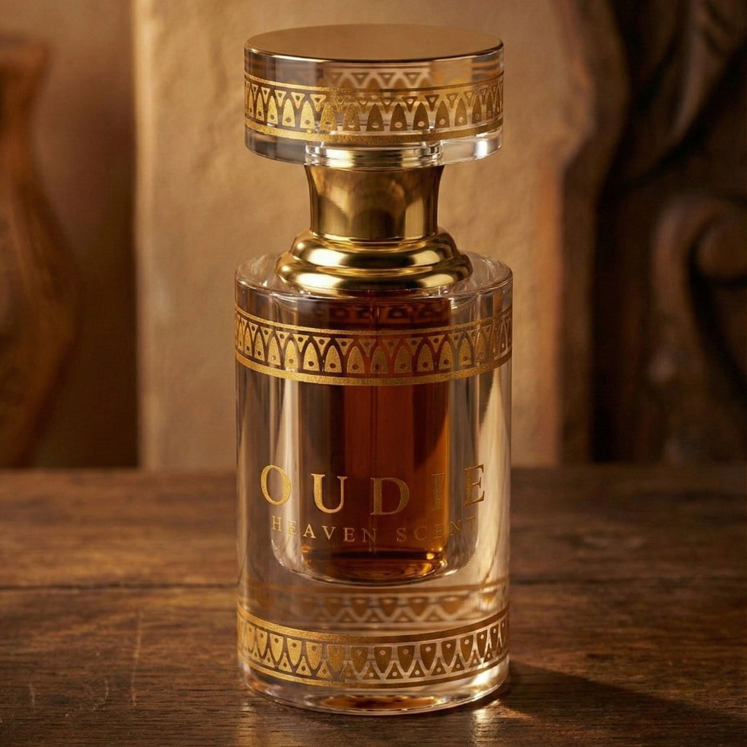 Perfume bottle with gold cap and intricate design on a wooden surface