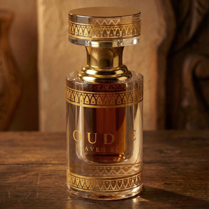 Perfume bottle with gold cap and intricate design on a wooden surface