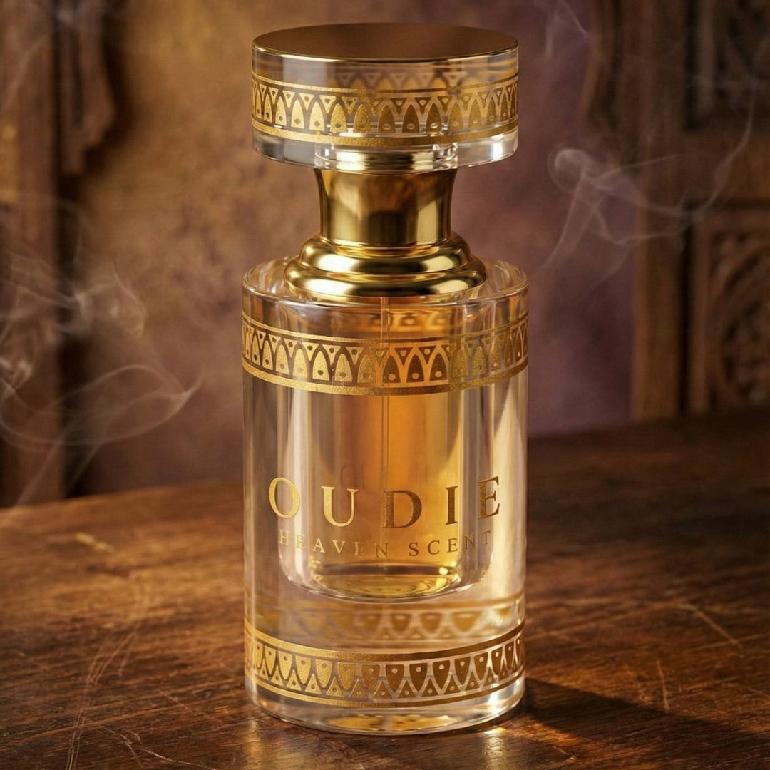 Oudie perfume bottle with gold accents on a wooden surface