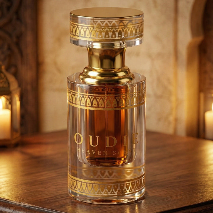 Perfume bottle labeled 'Oud' on a wooden surface with candles in the background