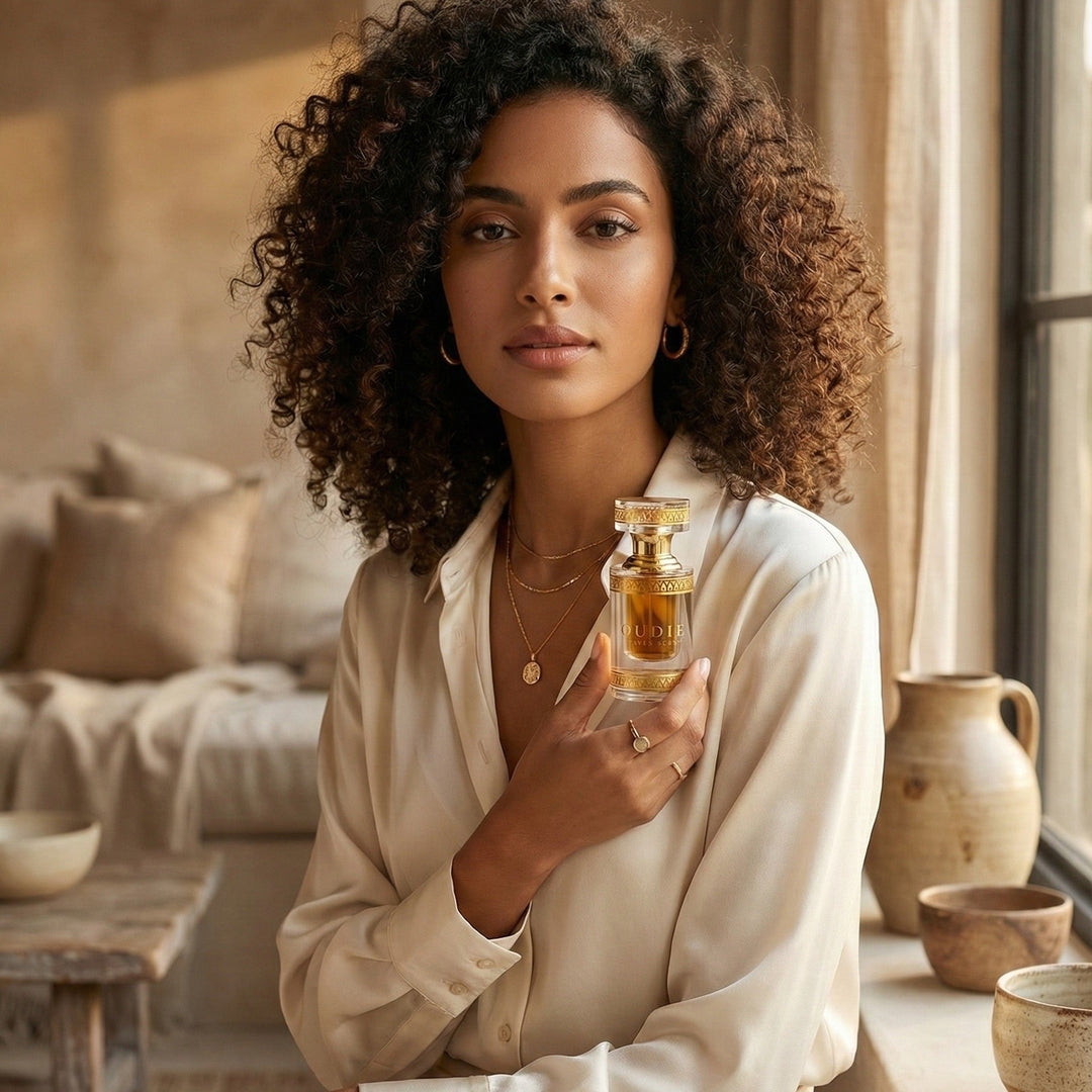 Woman holding a perfume bottle in a cozy living room setting