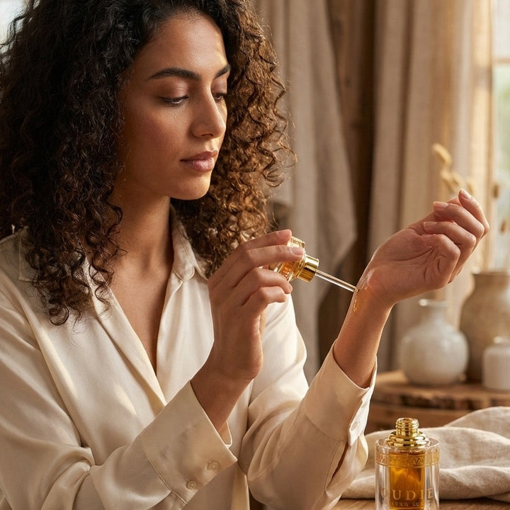 Woman applying perfume with a dropper bottle on a wooden table.
