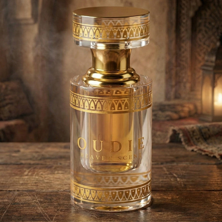 Perfume bottle with gold accents on a wooden surface