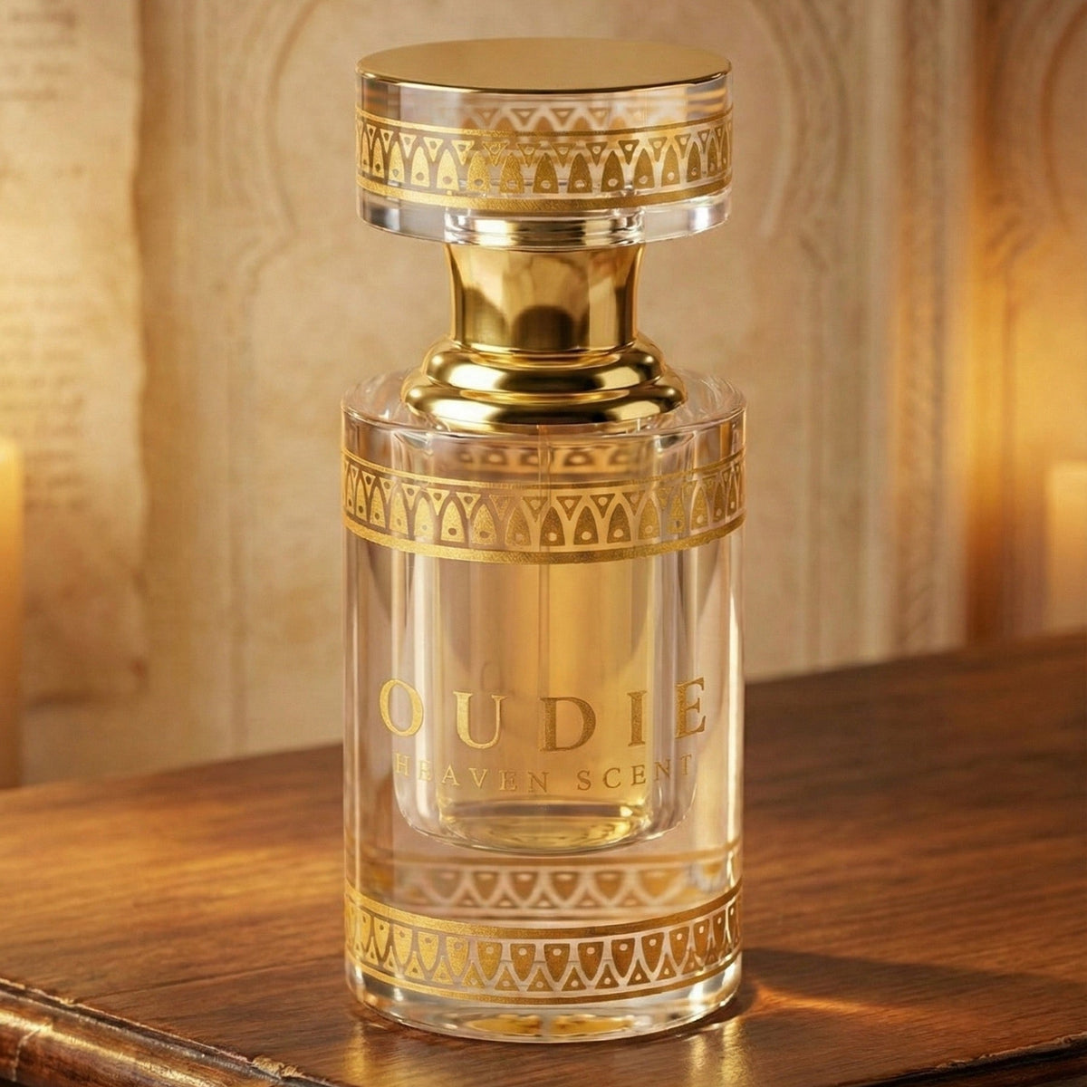 Oud Perfume bottle with gold accents on a wooden surface