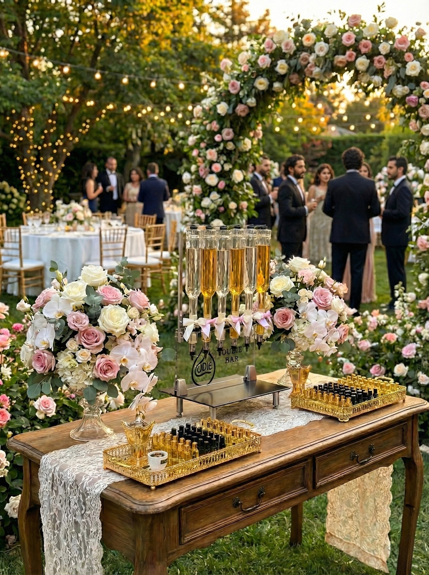 A romantic outdoor wedding reception at sunset, featuring a beautifully decorated wooden table. The centerpiece is an elegant "Oud Bar" dispenser, surrounded by lush pink and white floral arrangements, gold trays filled with perfume bottles, and a delicate lace runner. String lights and guests in formal attire create a warm, celebratory atmosphere in the background.