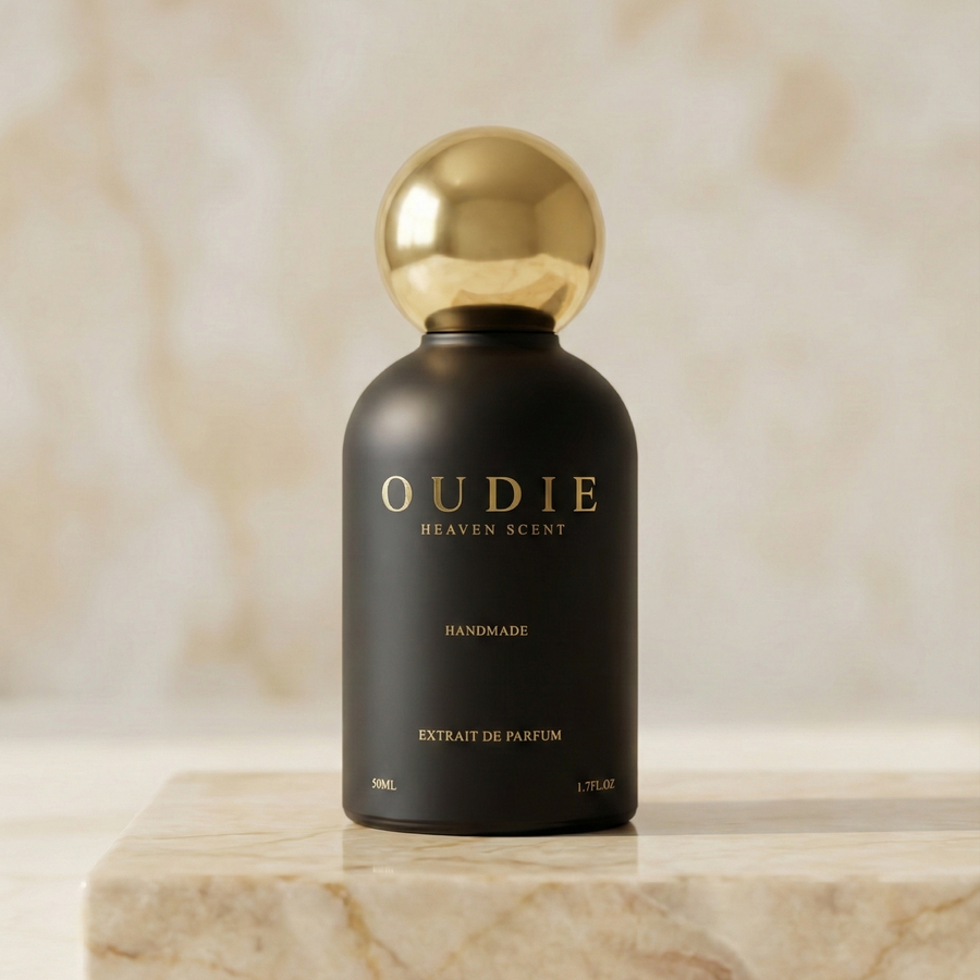 Black perfume bottle with gold cap on a marble surface