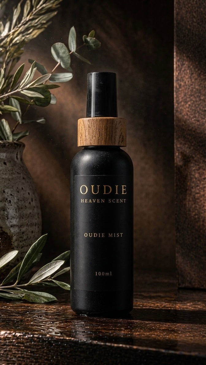 Black Oudie mist spray bottle with wooden cap on a wooden surface with greenery.