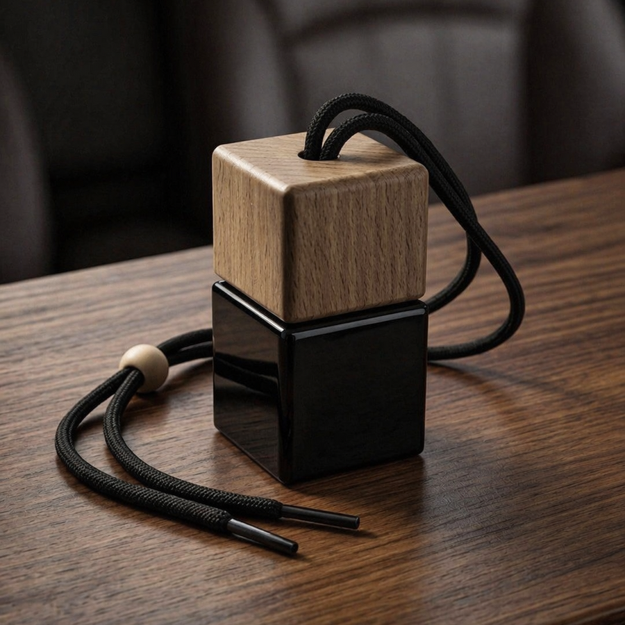 Wooden and black cube-shaped object on a wooden surface with blurred background