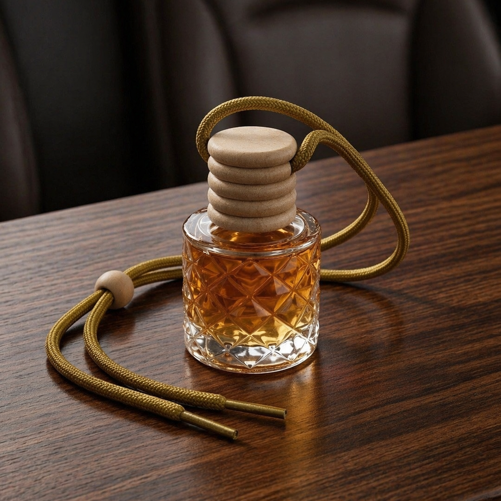 Small glass bottle with wooden cap and rope on a wooden surface
