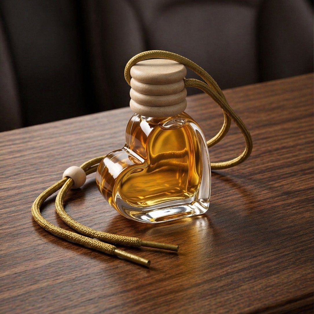 Heart-shaped perfume bottle with wooden cap on a wooden surface