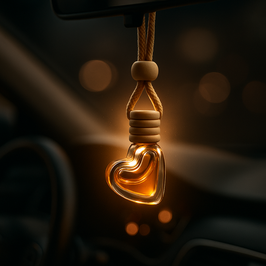 Heart-shaped light bulb hanging from a car's rearview mirror with a blurred interior background 