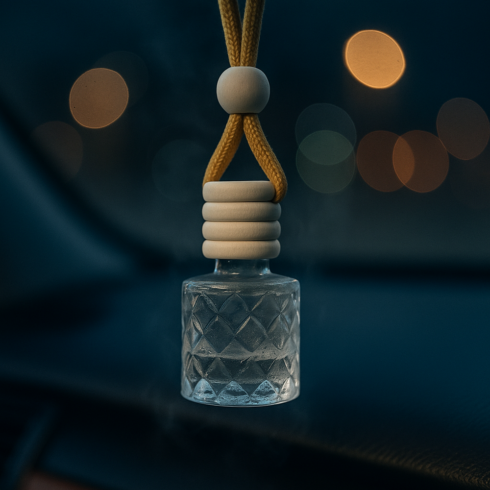Crystal car air freshener hanging from a yellow string against a dark background with blurred lights.