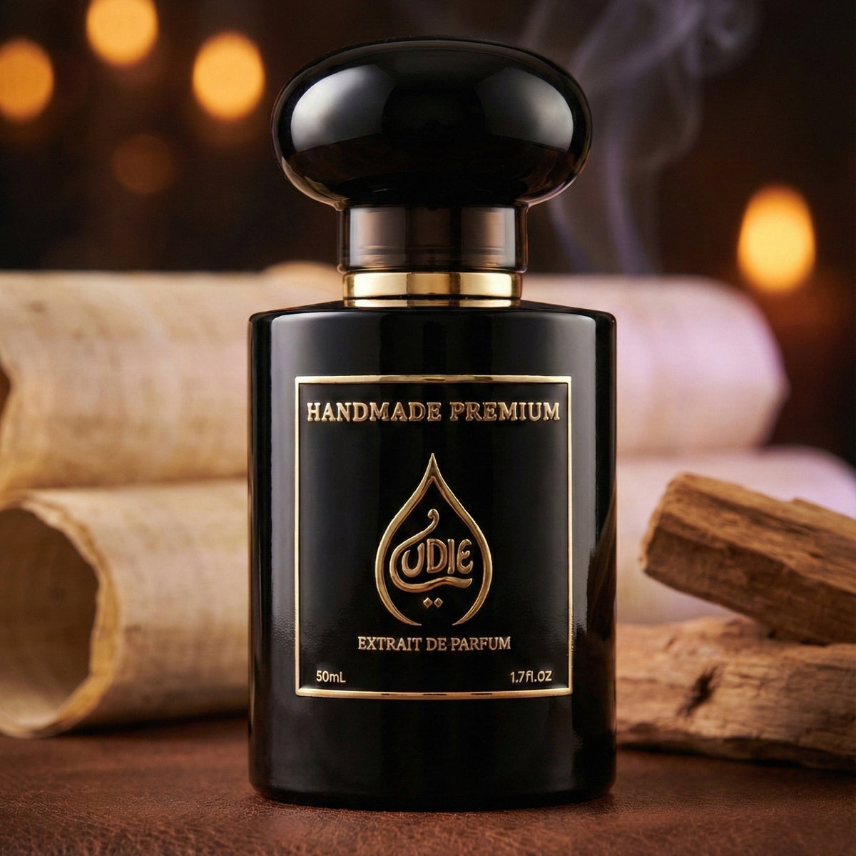 Black perfume bottle with gold accents on a dark background