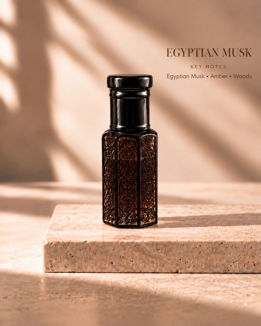 Egyptian Musk black oil rub bottle with key notes Egyptian Musk, Amber, Woods
