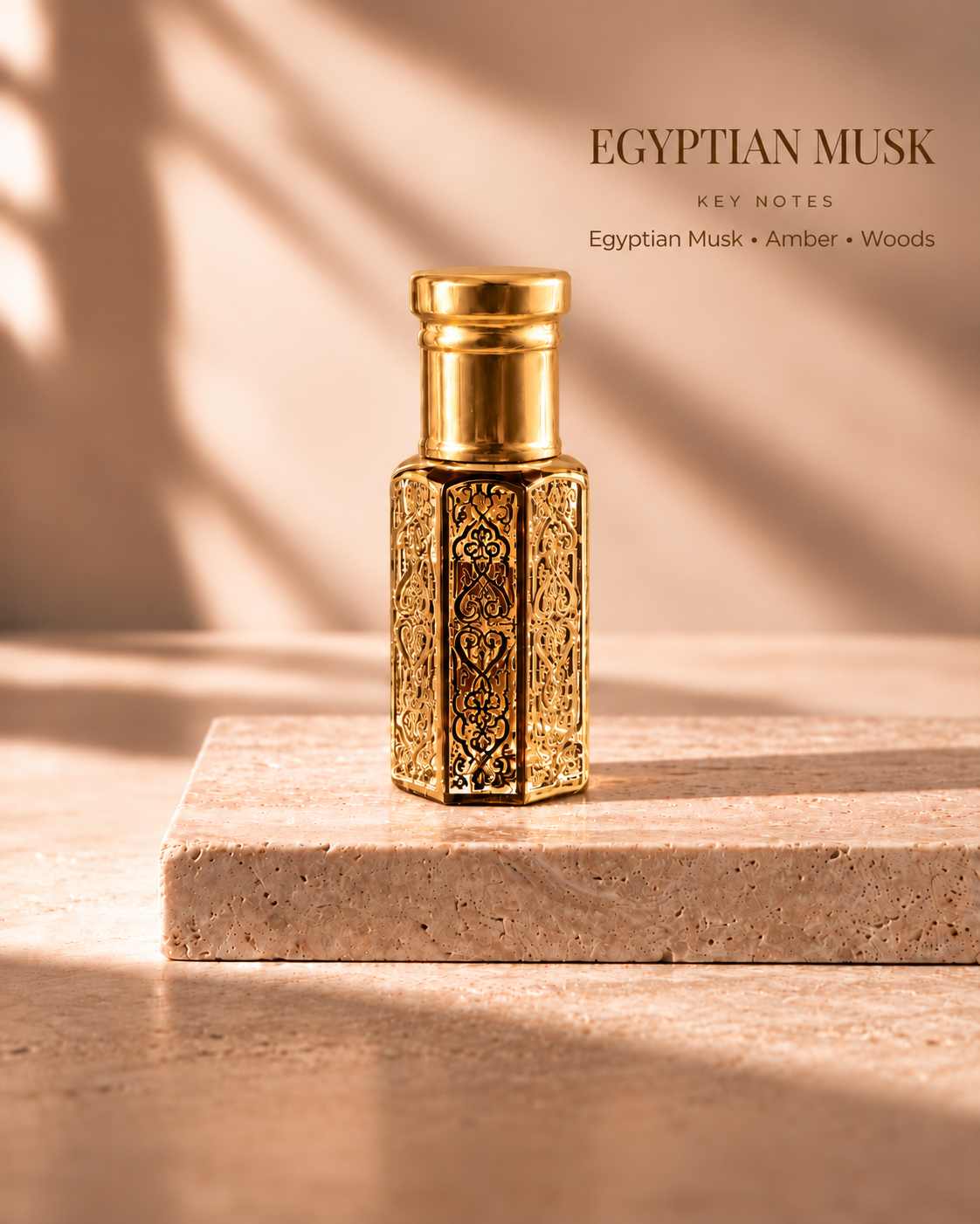 Egyptian Musk gold oil rub bottle with key notes Egyptian Musk, Amber, Woods
