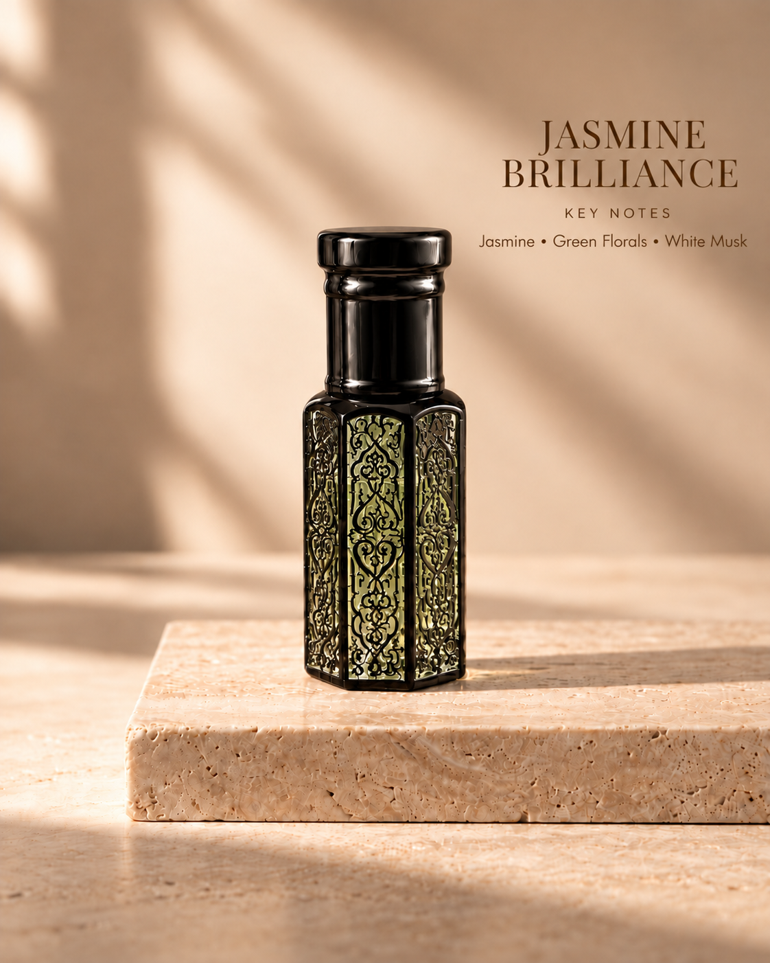 Jasmine Brilliance black oil rub bottle with key notes Jasmine, Green Florals, White Musk