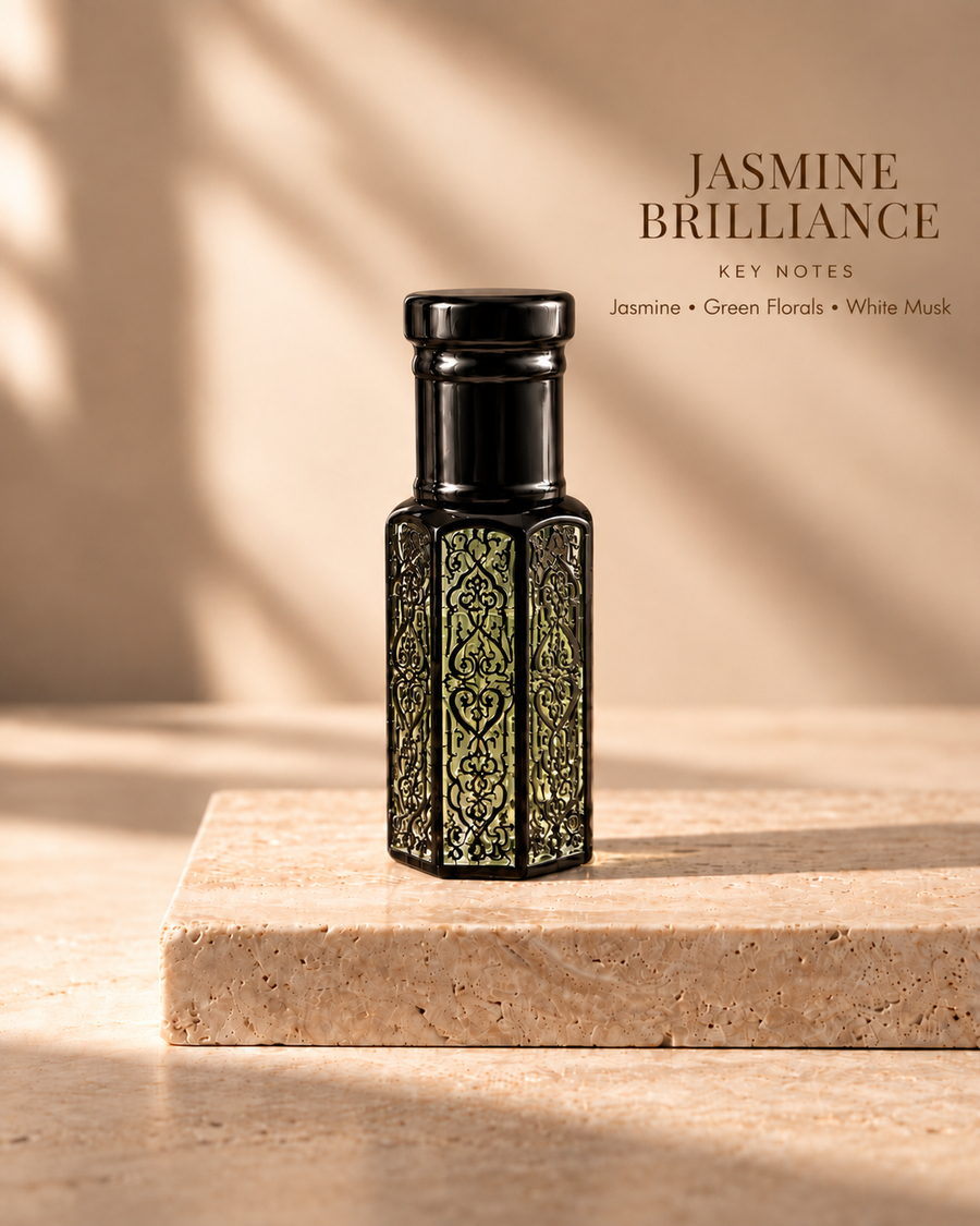 Jasmine Brilliance black oil rub bottle with key notes Jasmine, Green Florals, White Musk