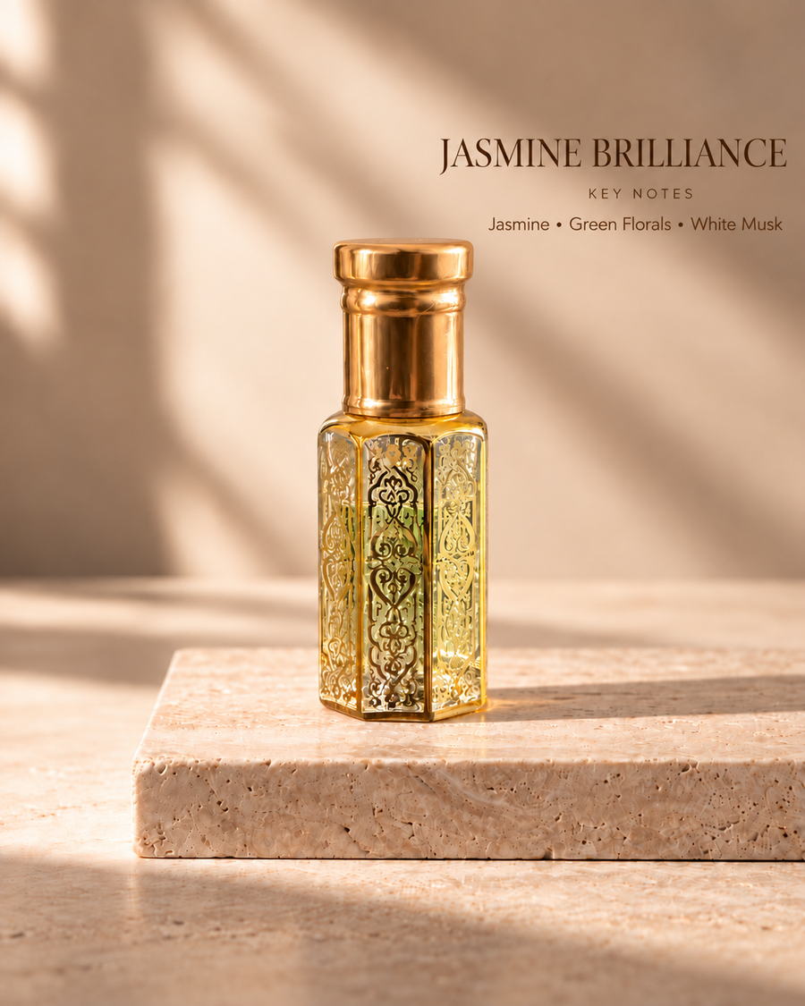 Jasmine Brilliance gold oil rub bottle with key notes Jasmine, Green Florals, White Musk