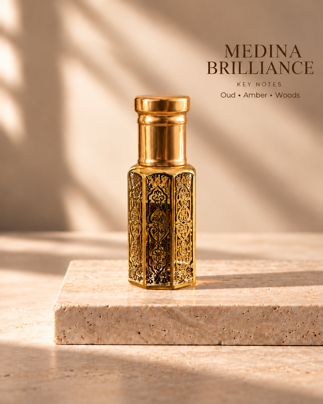 Medina Brilliance gold oil rub bottle with key notes Oud, Amber, Woods