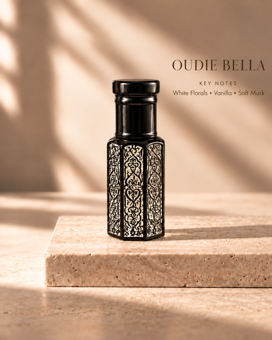 OUDIE Bella black oil rub bottle with key notes White Florals, Vanilla, Soft Musk