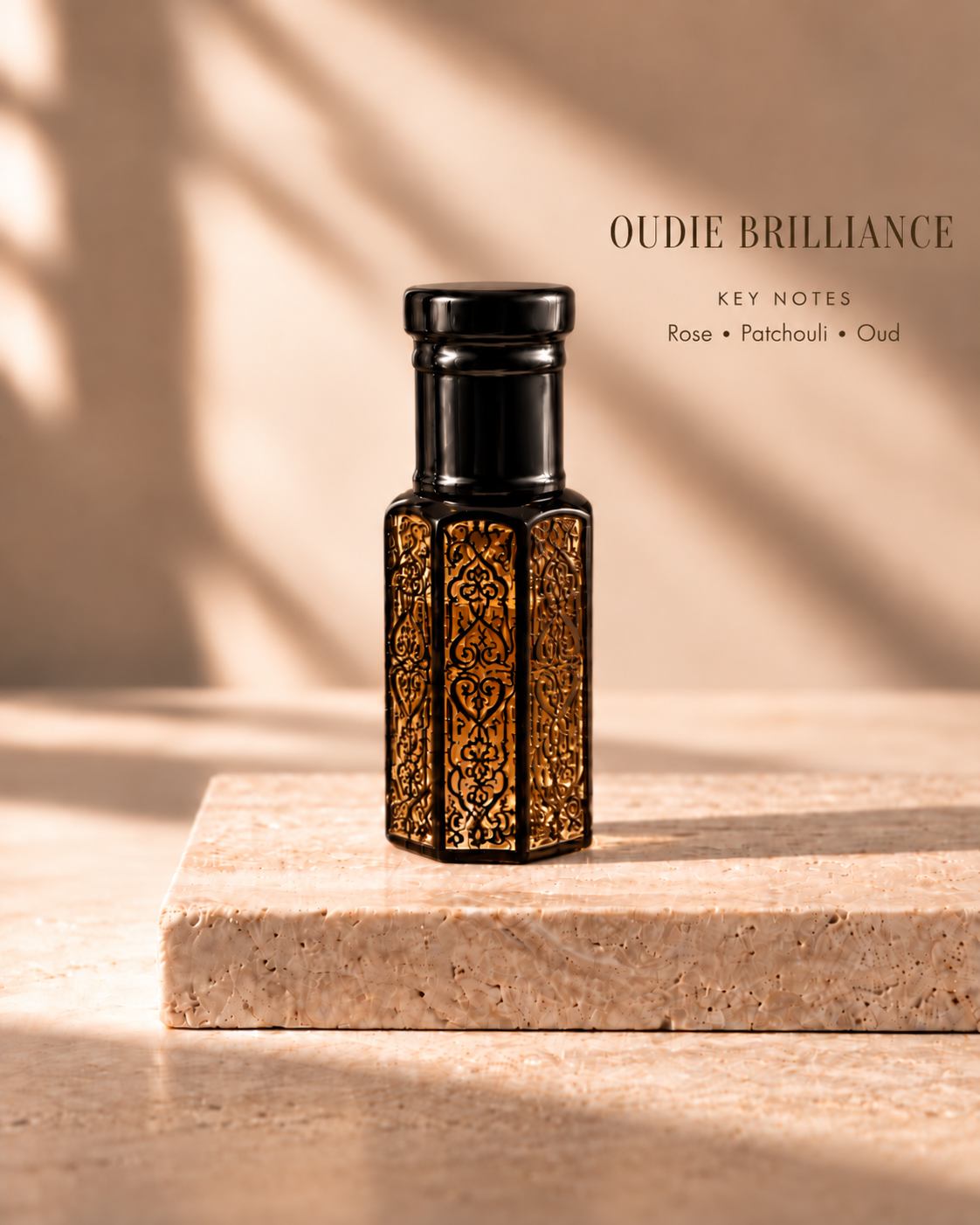 OUDIE Brilliance black oil rub bottle with key notes Rose, Patchouli, Oud
