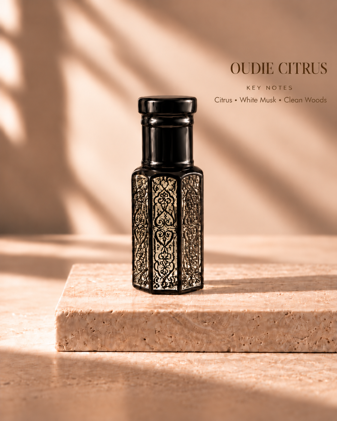 OUDIE Citrus black oil rub bottle with key notes Citrus, White Musk, Clean Woods
