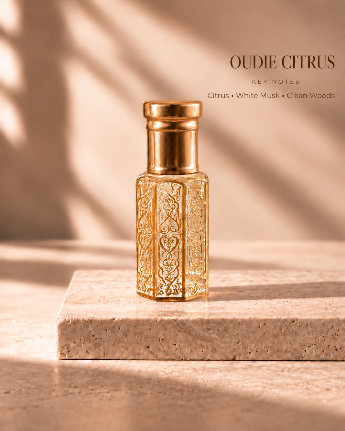OUDIE Citrus gold oil rub bottle with key notes Citrus, White Musk, Clean Woods