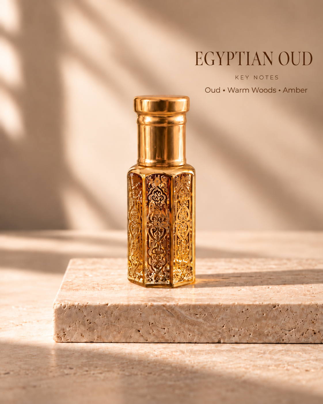 OUDIE Egyptian Oud gold oil rub bottle with key notes Oud, Warm Woods, Amber