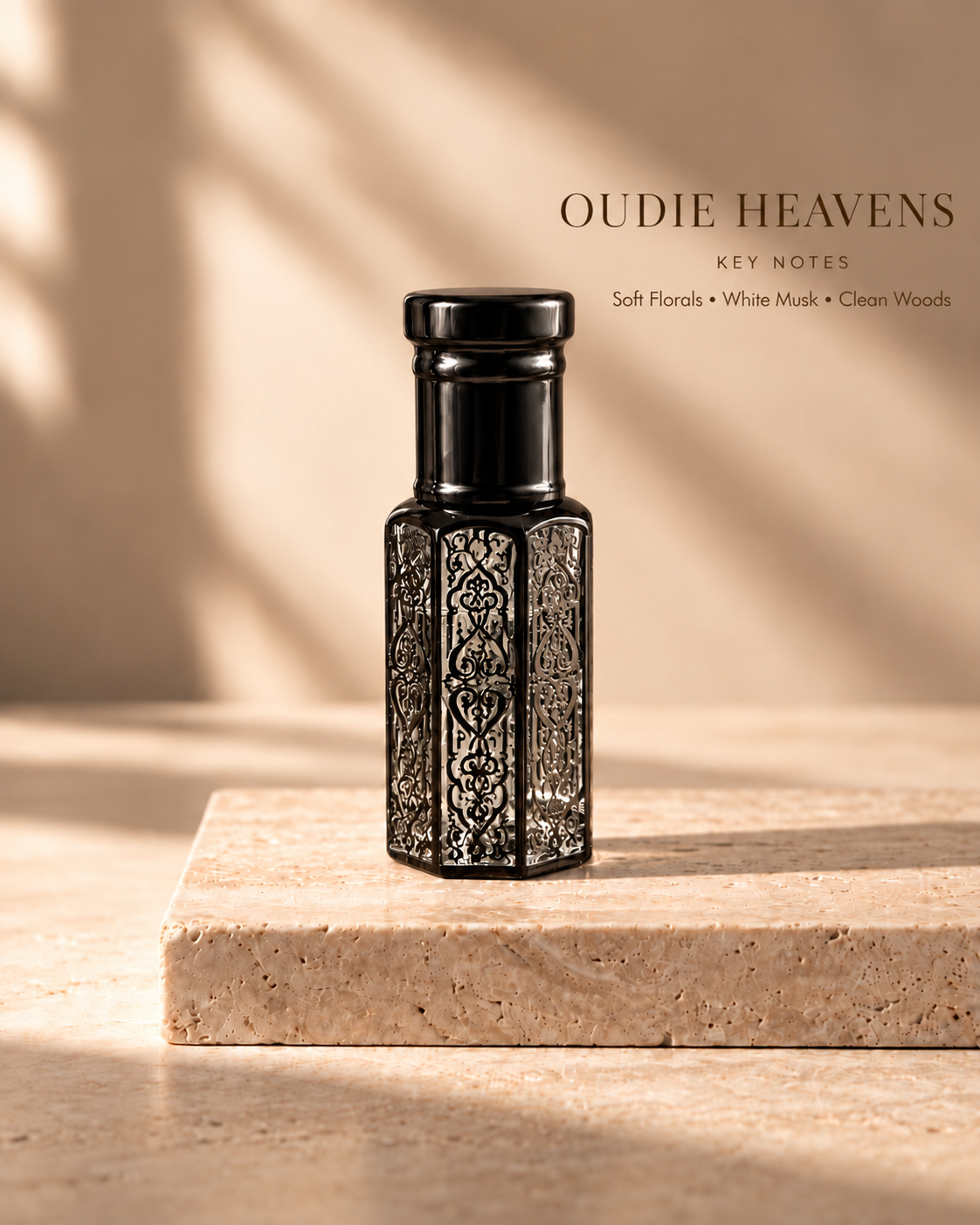 OUDIE Heavens black oil rub bottle with key notes Soft Florals, White Musk, Clean Woods