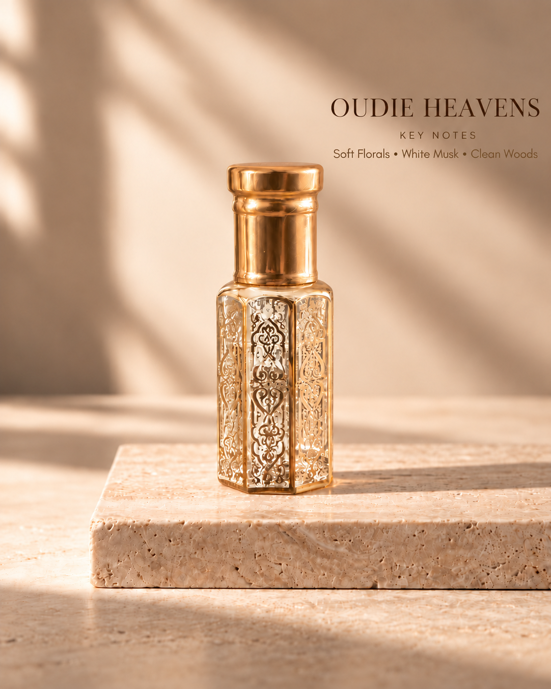 OUDIE Heavens gold oil rub bottle with key notes Soft Florals, White Musk, Clean Woods