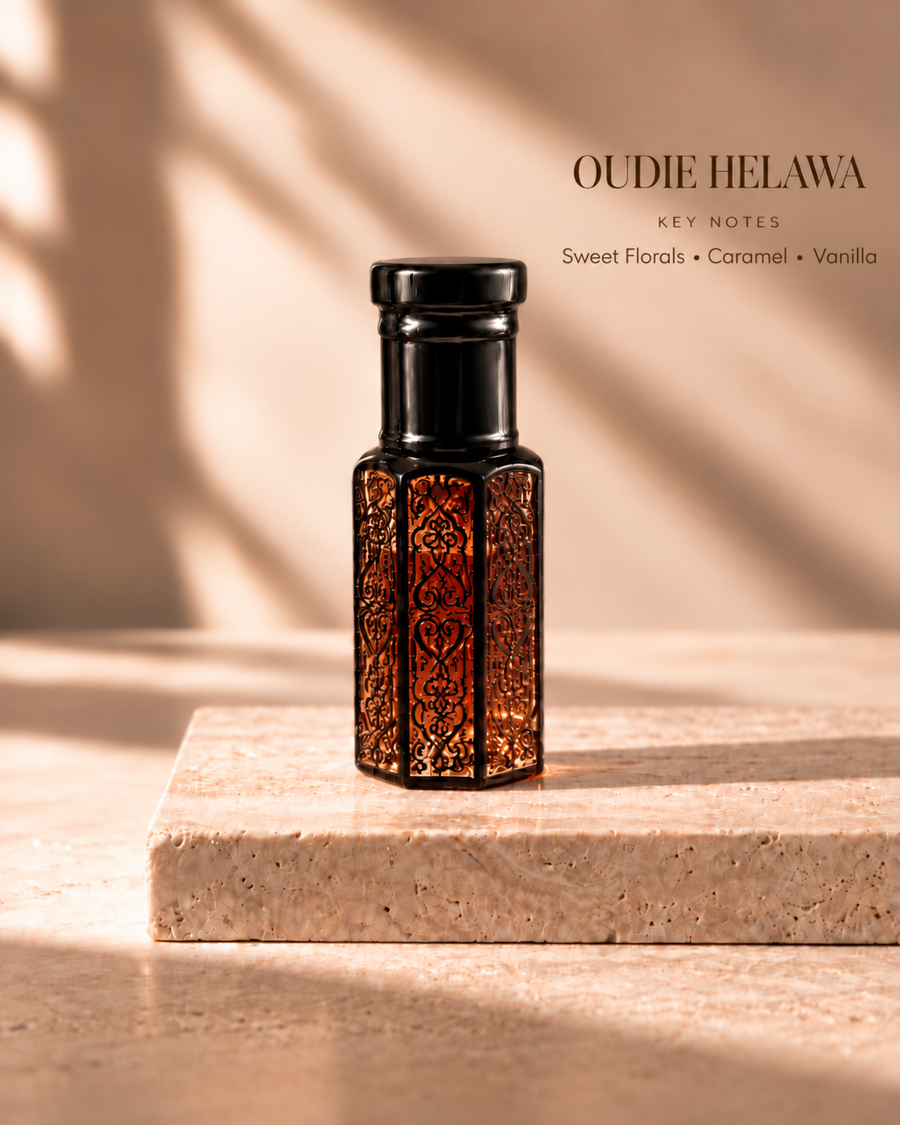 OUDIE Helawa black oil rub bottle with key notes Sweet Florals, Caramel, Vanilla
