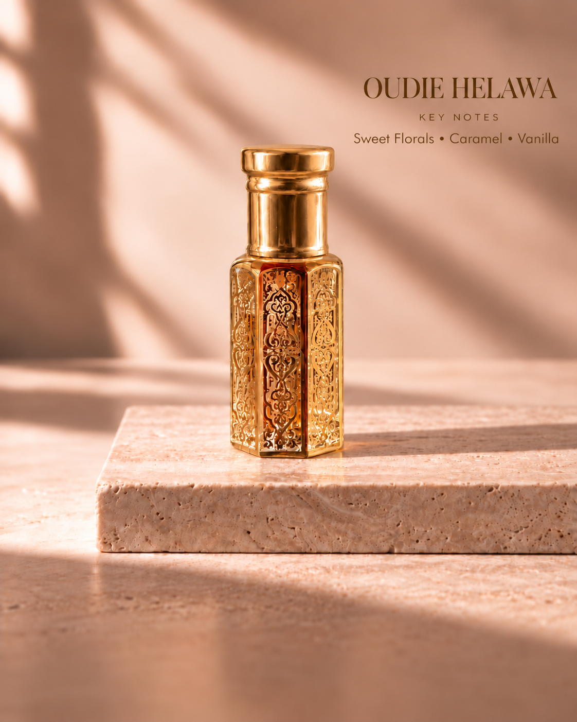 OUDIE Helawa gold oil rub bottle with key notes Sweet Florals, Caramel, Vanilla