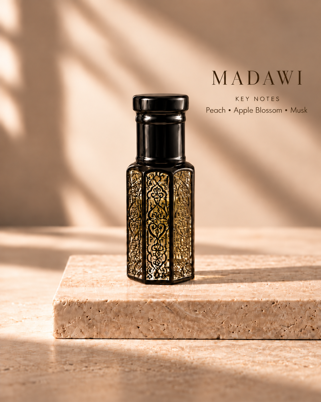 OUDIE Madawi black oil rub bottle with key notes Peach, Apple Blossom, Musk