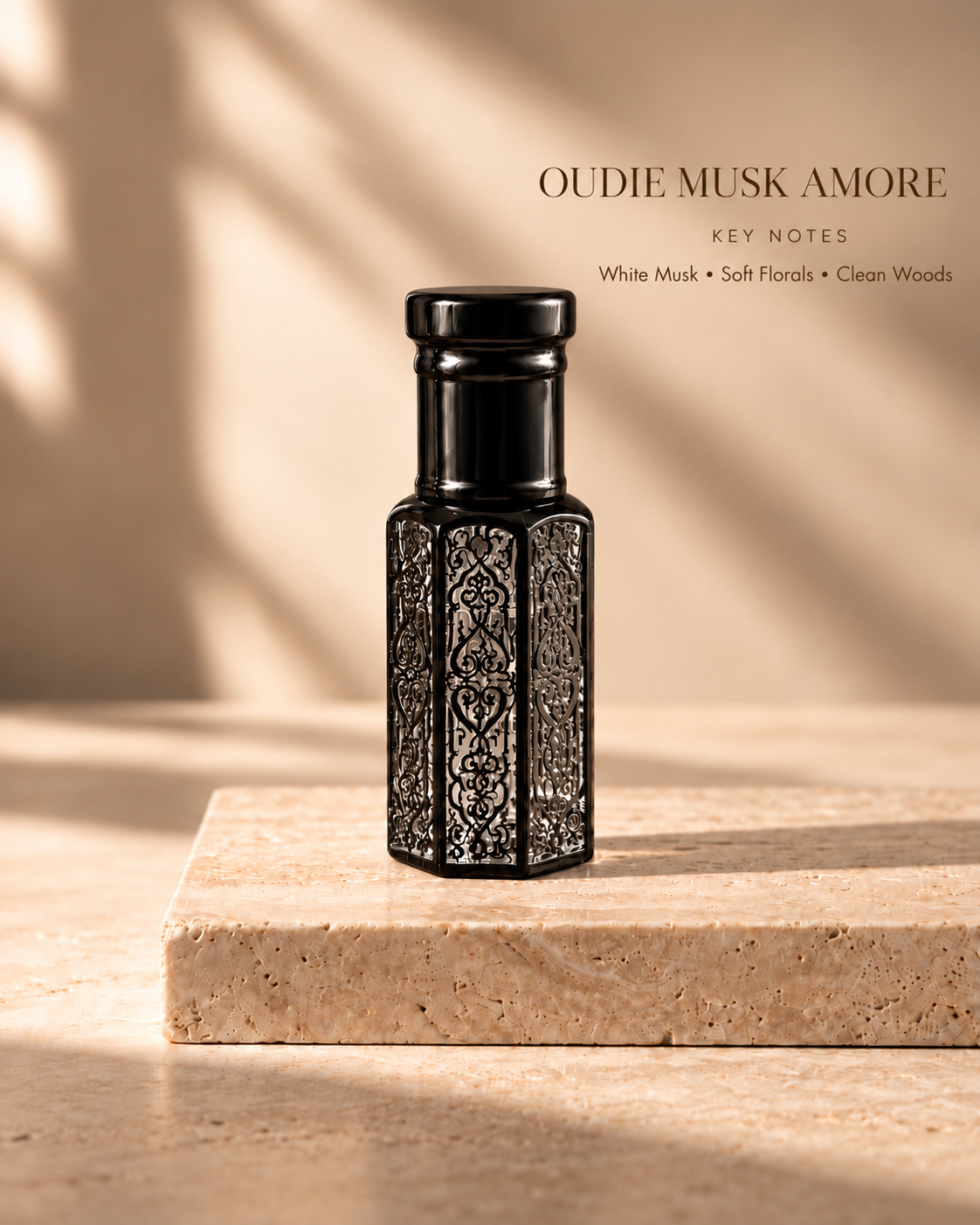 OUDIE Musk Amore black oil rub bottle with key notes White Musk, Soft Florals, Clean Woods