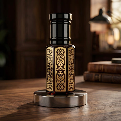 Decorative bottle with intricate designs on a wooden surface