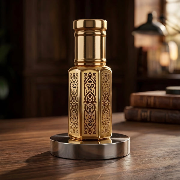 Decorative gold bottle with intricate patterns on a wooden surface
