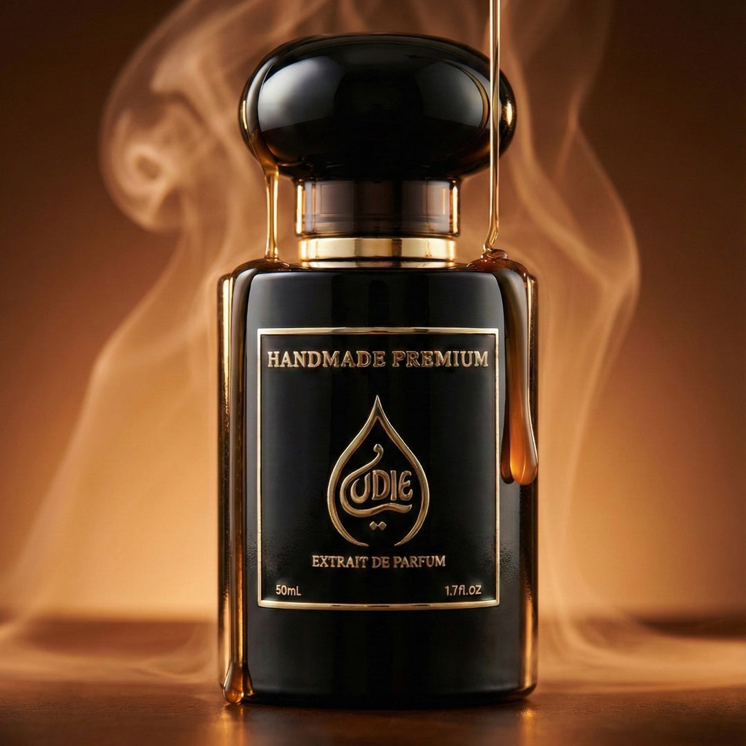 Perfume bottle with 'OuDiE' branding on a dark background