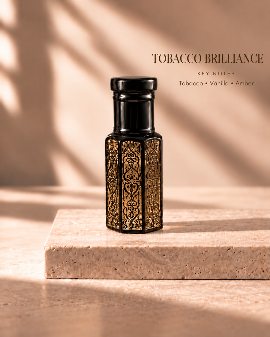 Tobacco Brilliance black oil rub bottle with key notes Tobacco, Vanilla, Amber