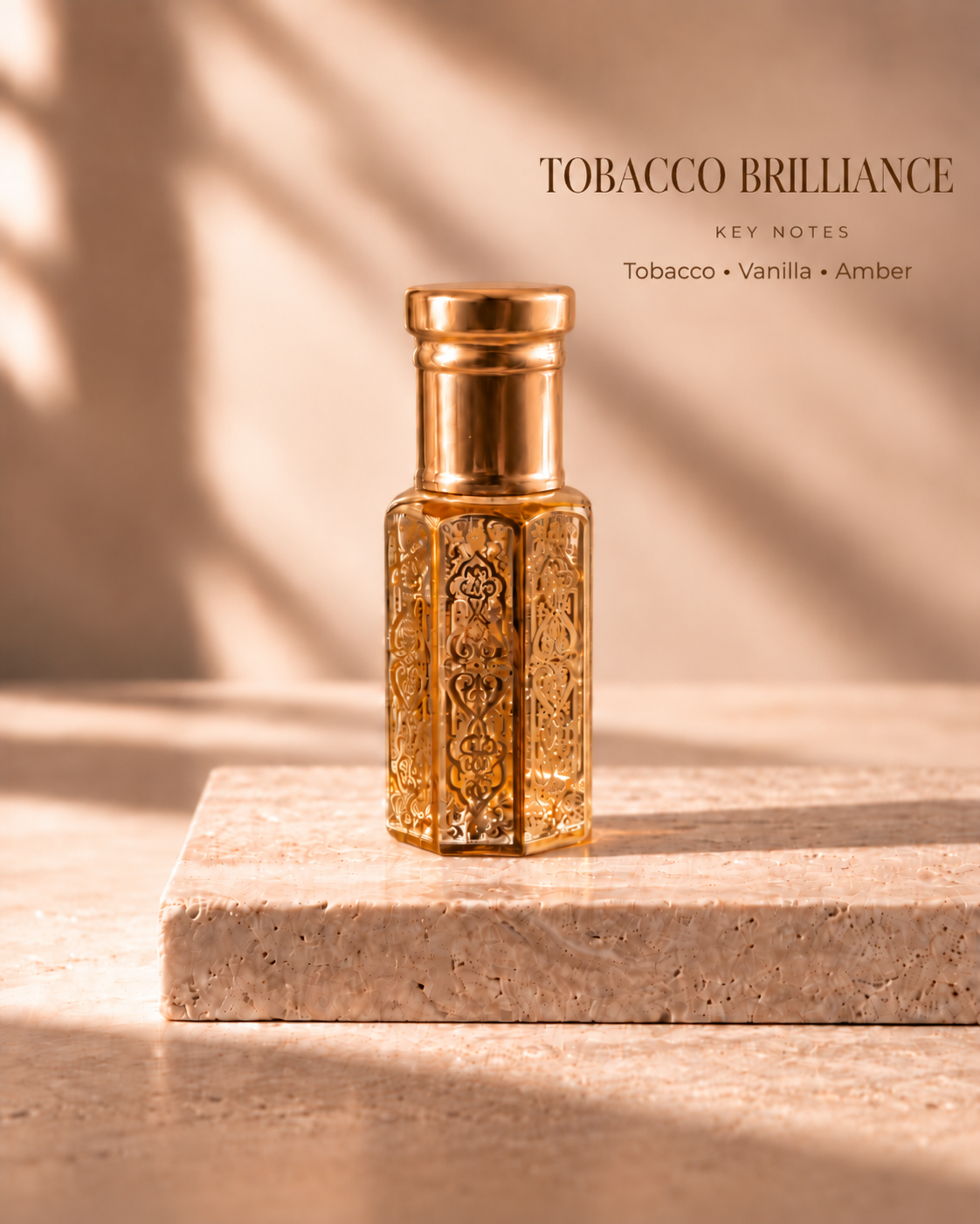 Tobacco Brilliance gold oil rub bottle with key notes Tobacco, Vanilla, Amber
