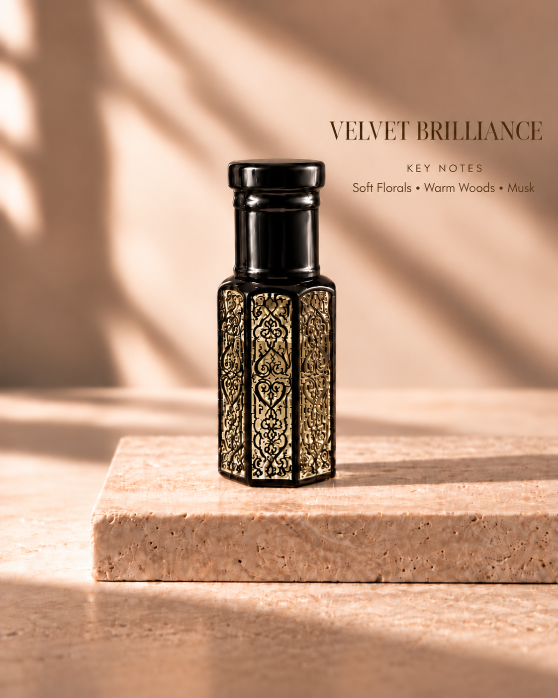 Velvet Brilliance black oil rub bottle with key notes Soft Florals, Warm Woods, Musk
