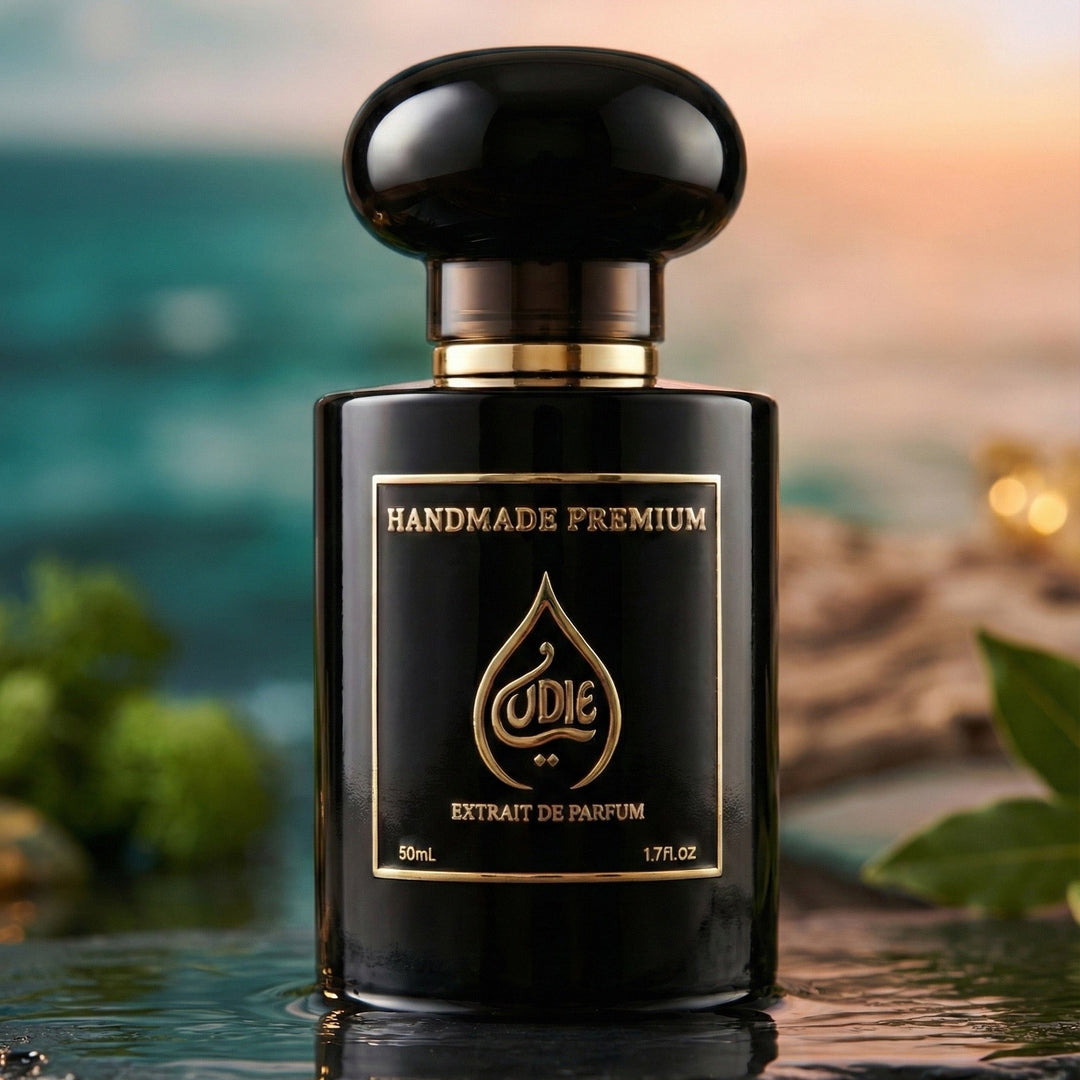 Black perfume bottle with gold accents on a reflective surface, blurred natural background